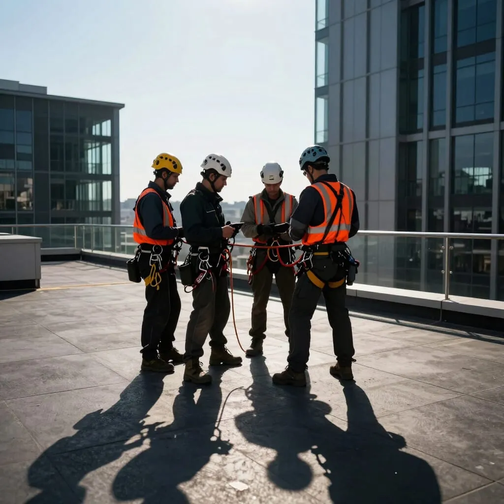 Four rope access technicians in helmets and harnesses standing together on a rooftop