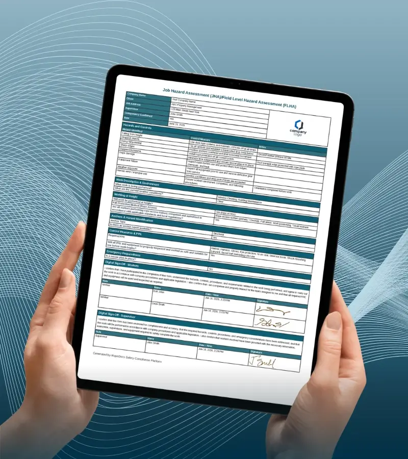 A branded safety form on a tablet, held in two hands