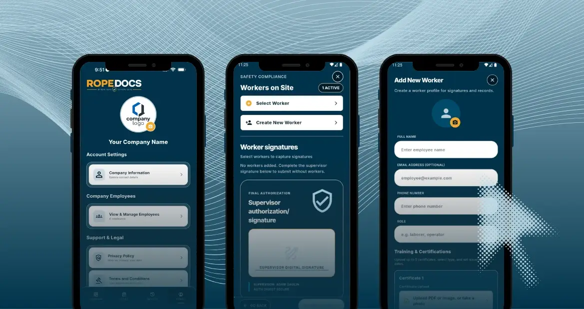 Three phone screens showing a company account, workers on site and a new worker form
