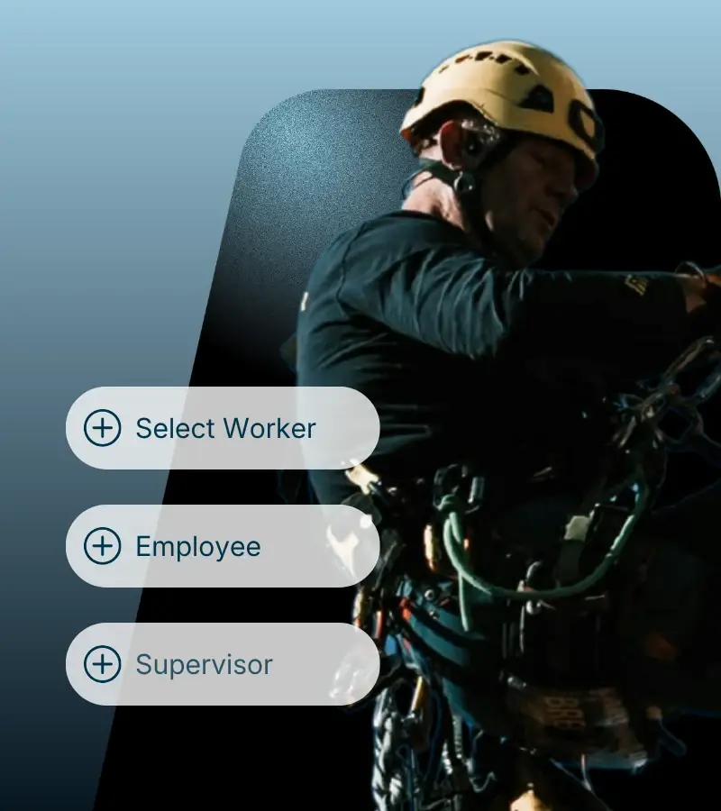 A rope technician in a helmet beside worker, employee and supervisor options